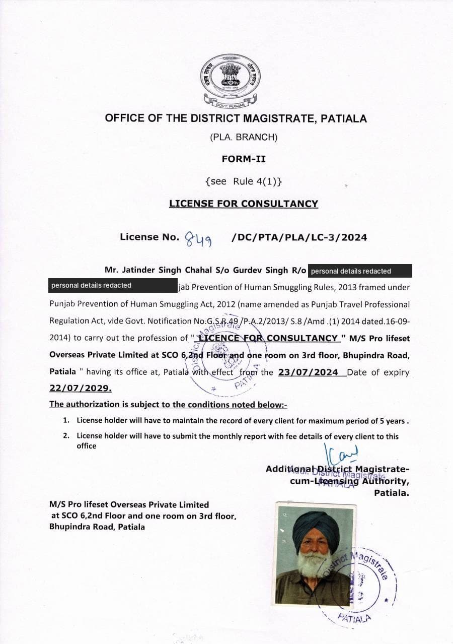 Form-II consultancy licence 849/DC/PTA/PLA/LC-3/2024 issued to Pro Lifeset Overseas Private Limited by the Office of the District Magistrate, Patiala (PLA Branch)