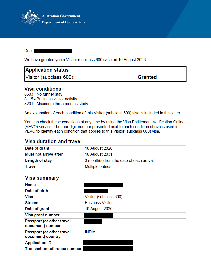 Australian Visitor subclass 600 Business Visitor stream grant letter for a Lifeset Overseas client, personal details redacted