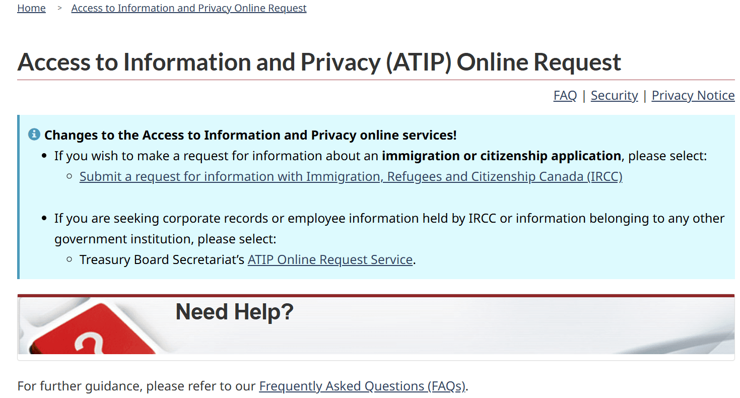 IRCC ATIP Online Request landing page with the link to submit a request to IRCC