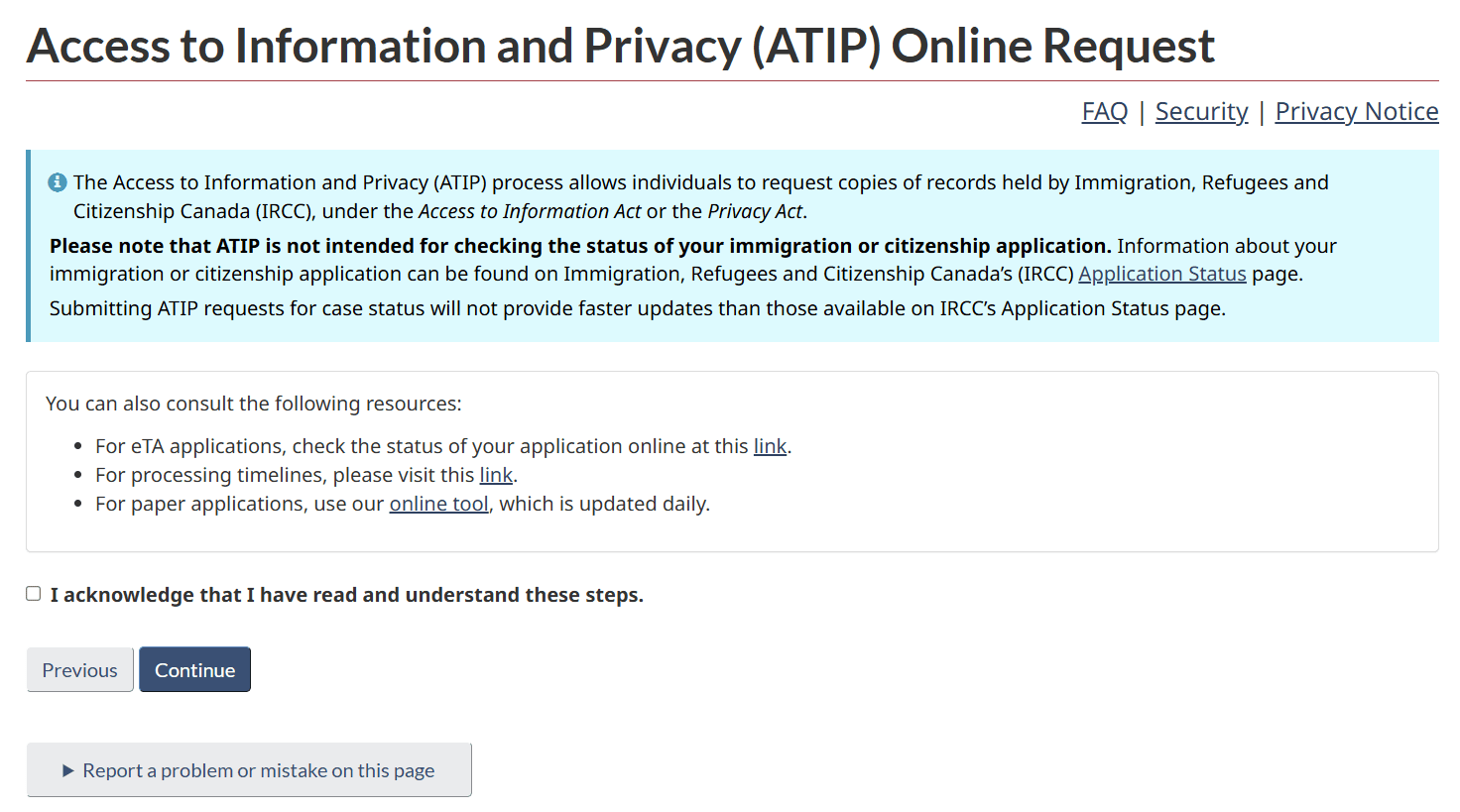 ATIP notice explaining that ATIP is not for checking application status