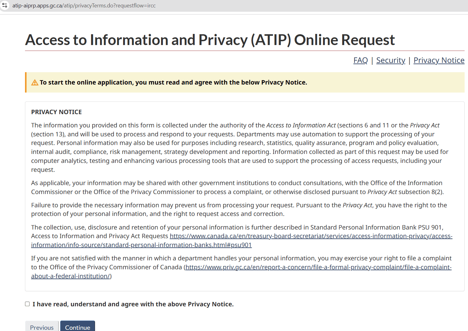 ATIP privacy notice with the agreement checkbox