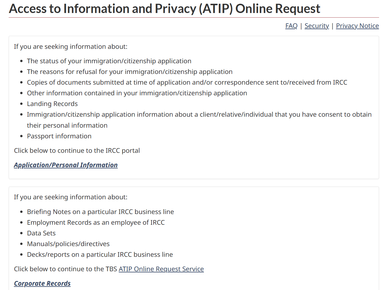 ATIP page listing personal application information versus corporate records