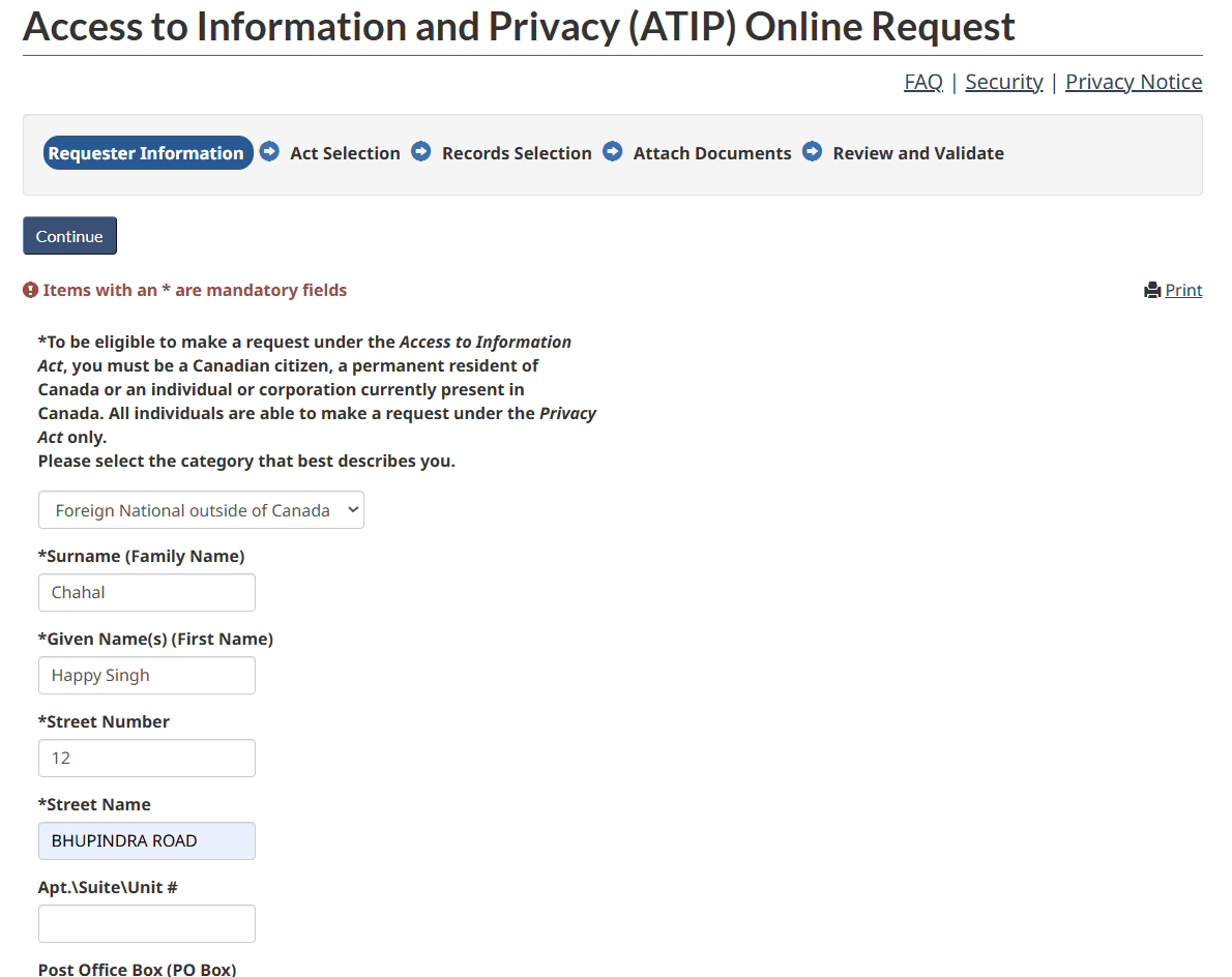 Requester Information stage with name and street address fields