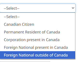 Right-of-access dropdown showing Foreign National outside of Canada selected