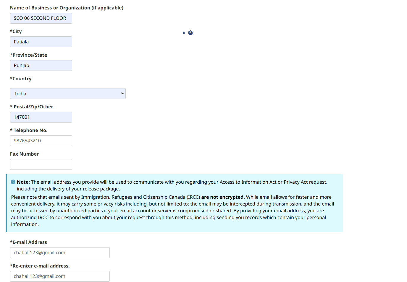 Address, telephone and email fields with the IRCC unencrypted-email notice