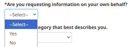 Dropdown asking whether you are requesting information on your own behalf