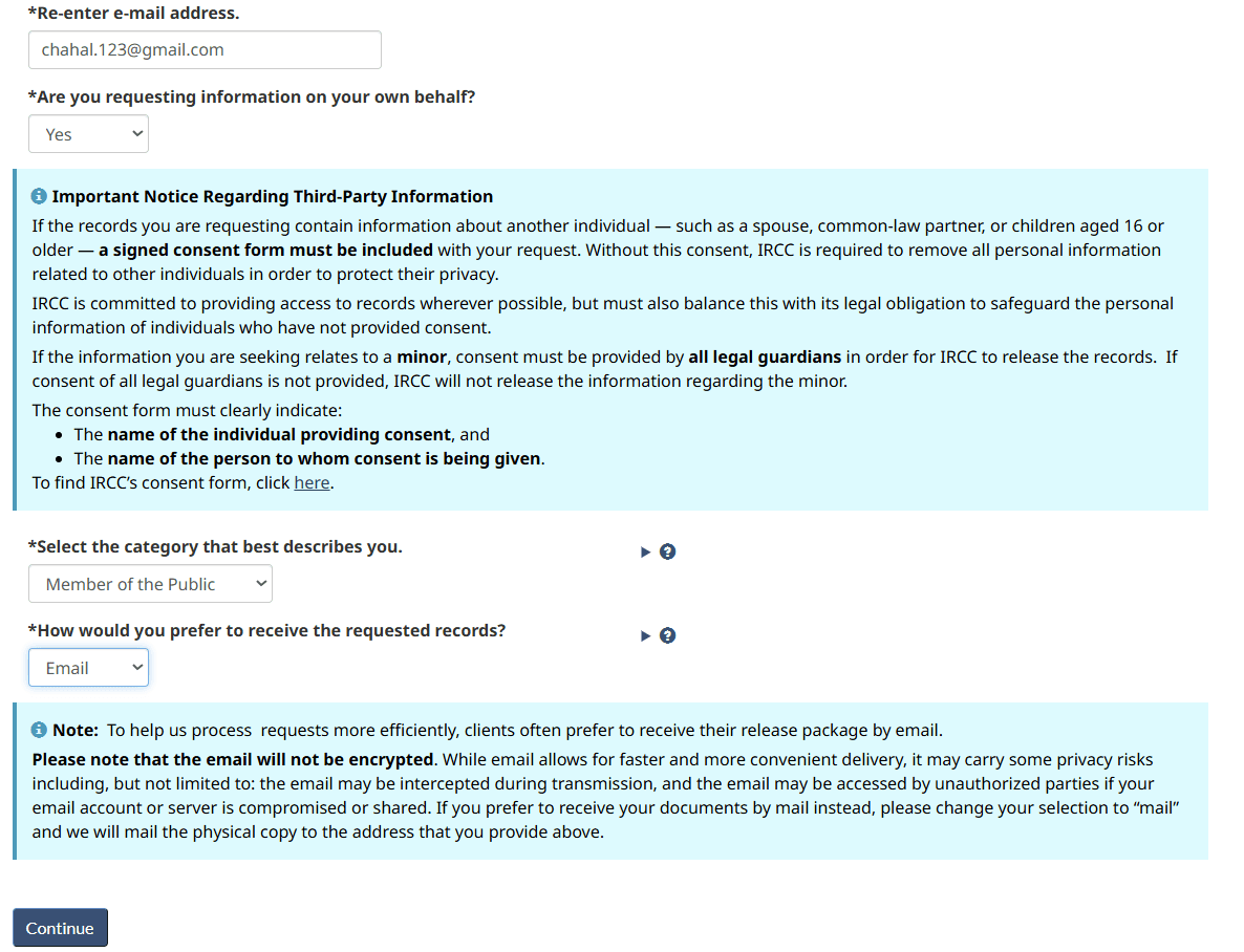 Third-party consent notice with requester category and delivery method dropdowns