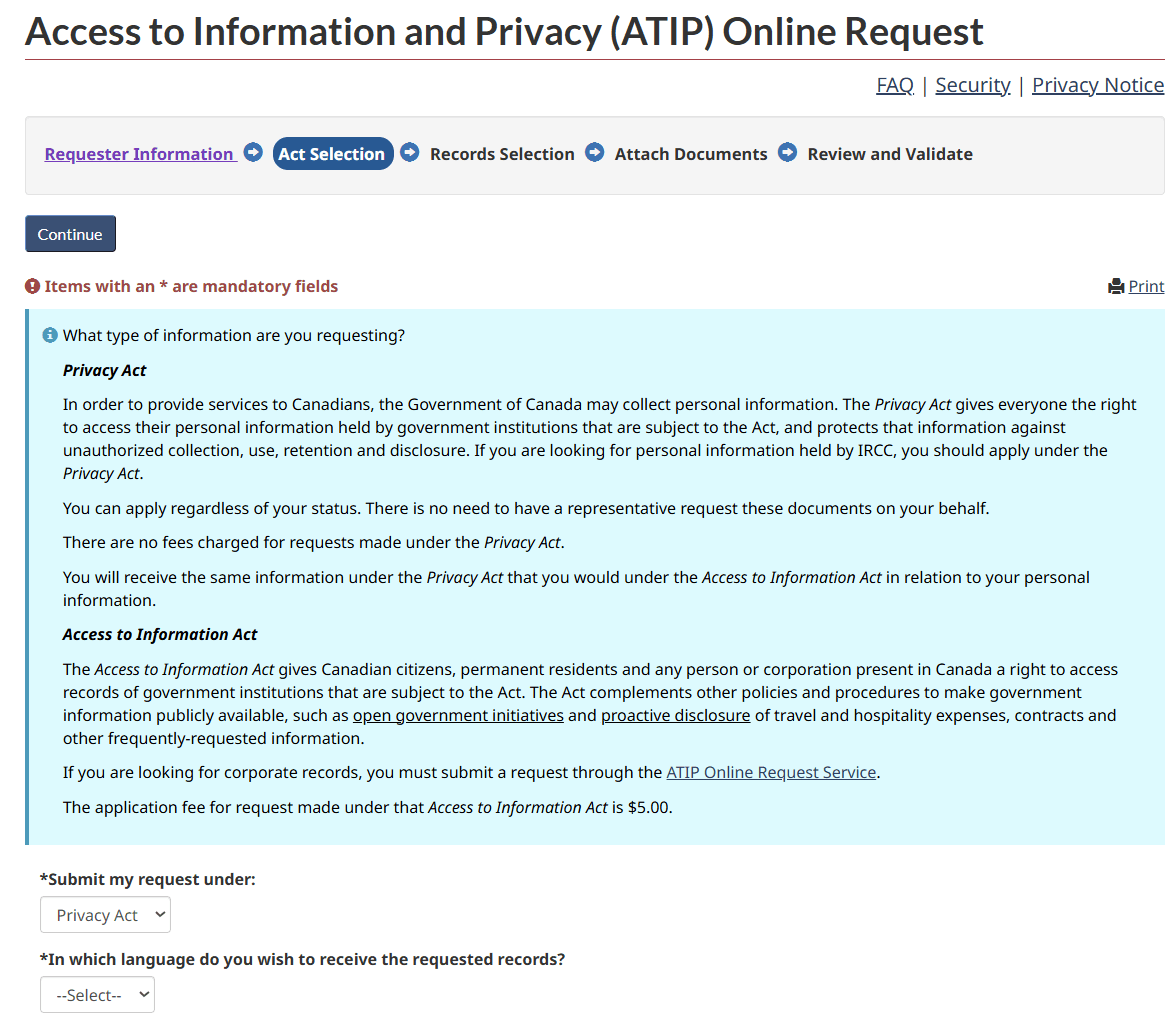 Act Selection screen comparing the Privacy Act and the Access to Information Act