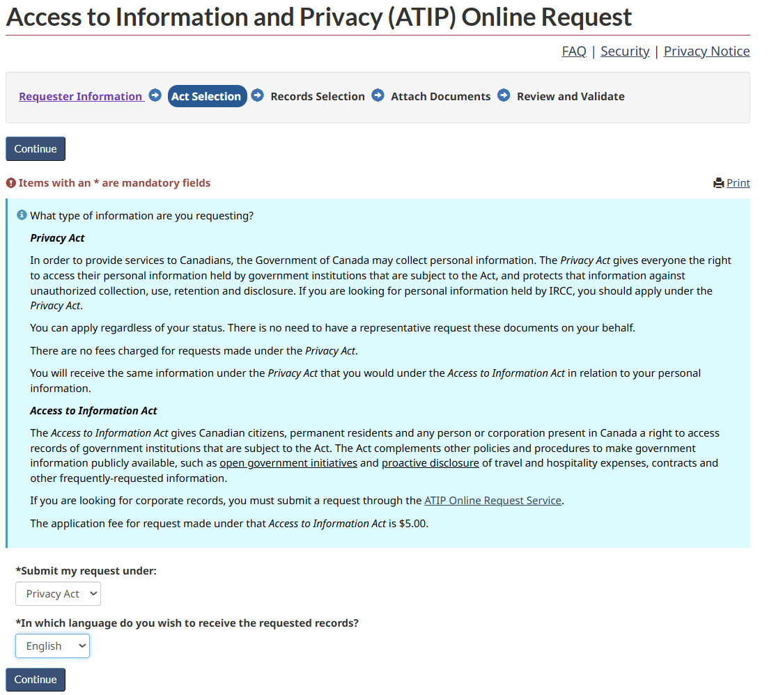 Act Selection with Privacy Act and English selected