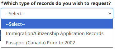 Dropdown for type of records with Immigration/Citizenship Application Records