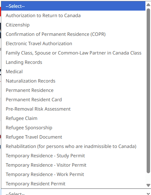 Program dropdown listing all IRCC application programs