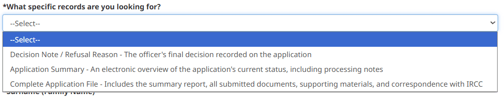 Dropdown offering Decision Note, Application Summary and Complete Application File