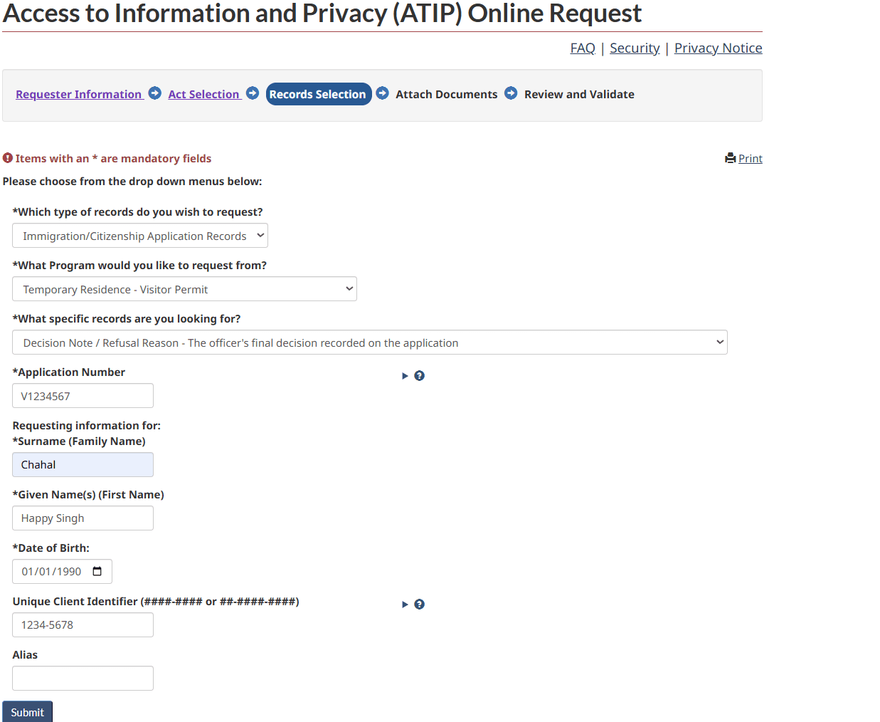 Records Selection form filled with application number, name, date of birth and UCI
