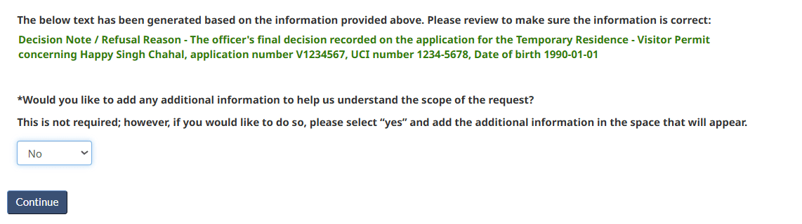 Auto-generated request text summarising the records being requested
