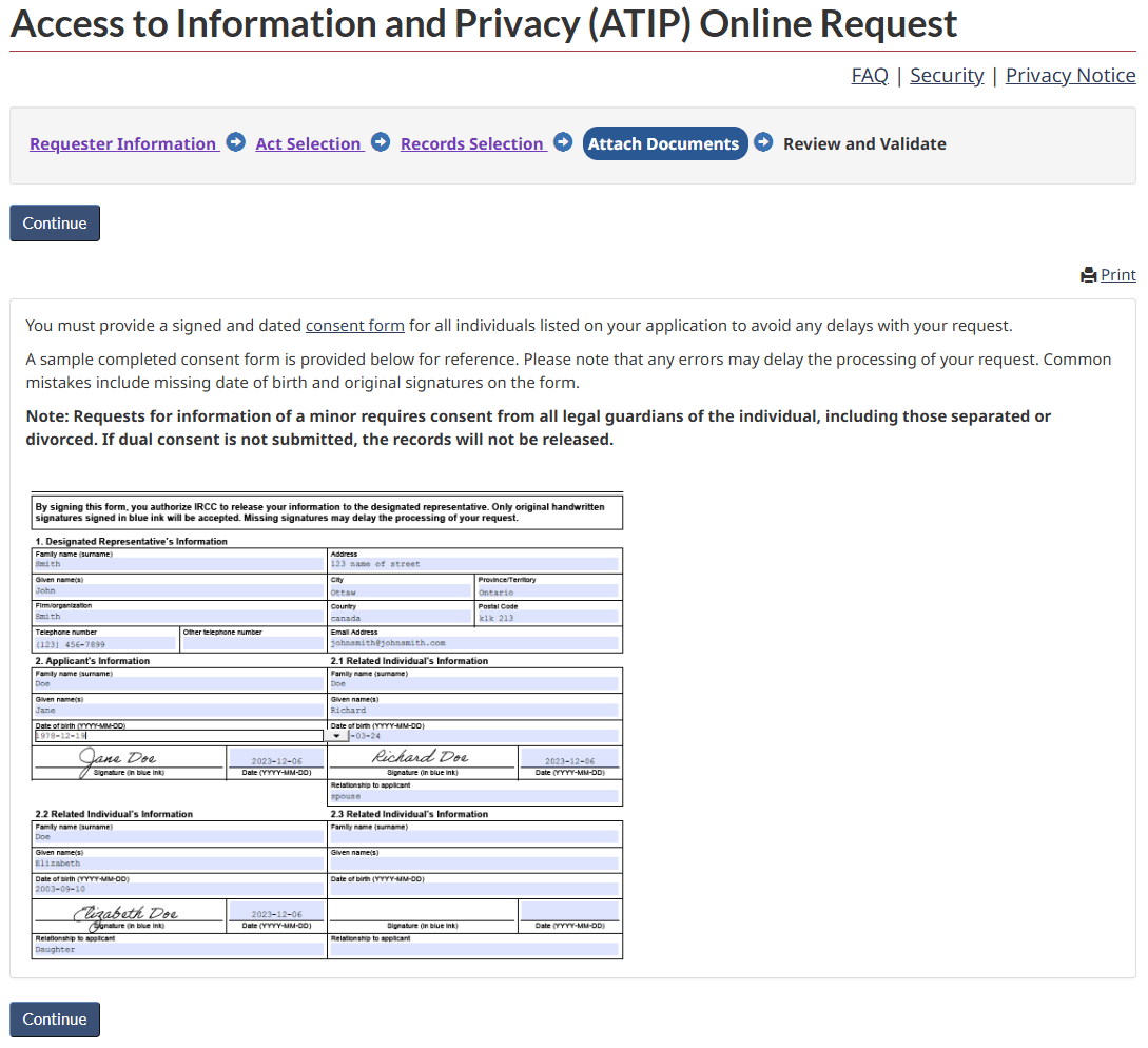 Attach Documents stage showing the consent form requirement and a completed sample IMM 5744