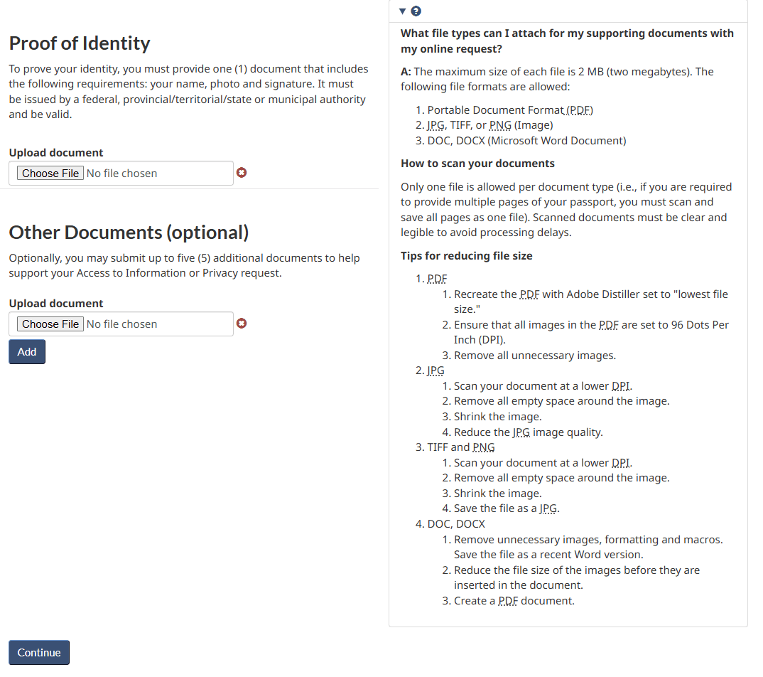 Proof of identity upload and optional other documents with file-size guidance