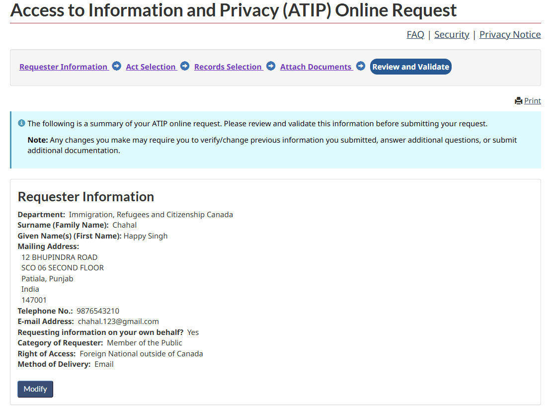 Review and Validate stage showing the requester information summary