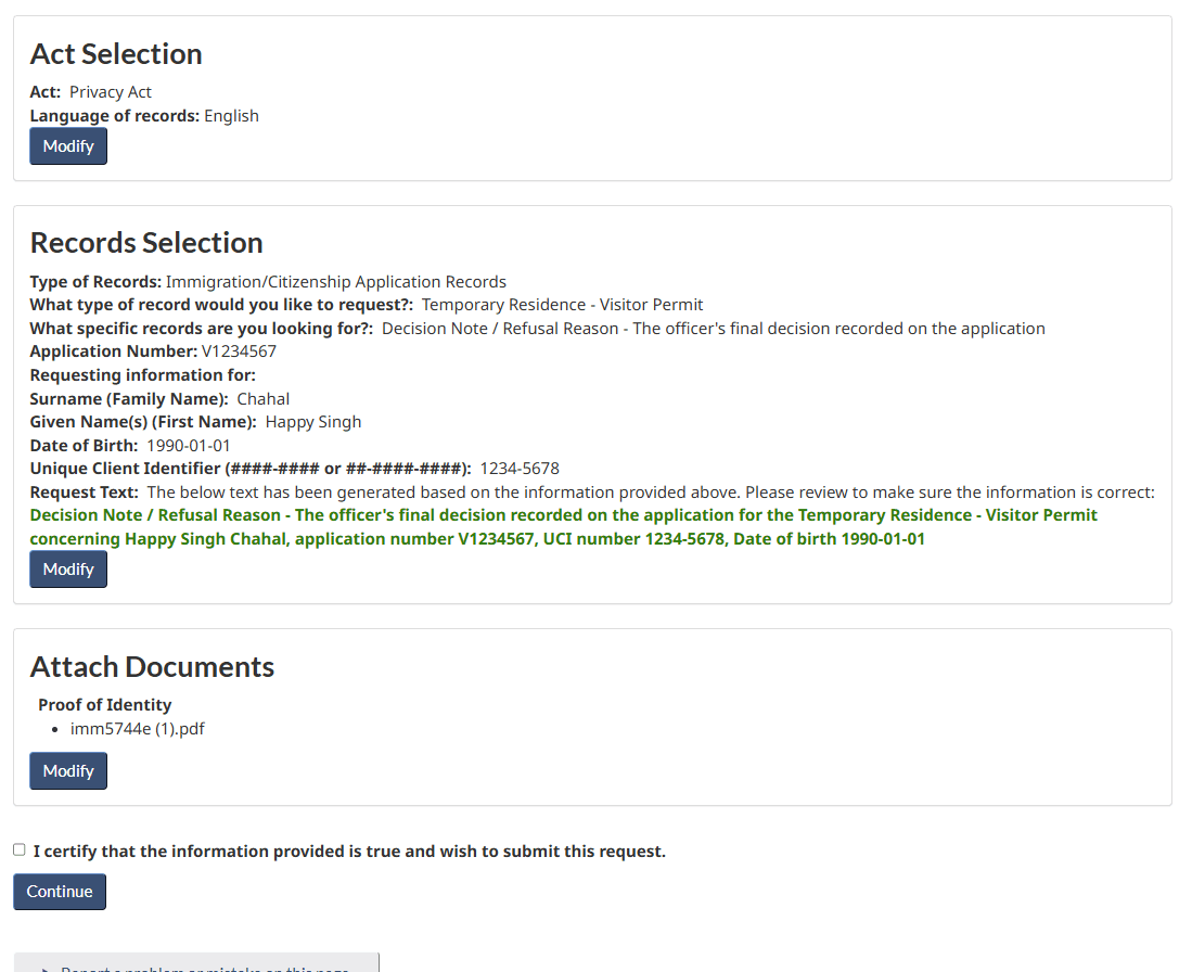 Review summary showing Act Selection, Records Selection and attached documents
