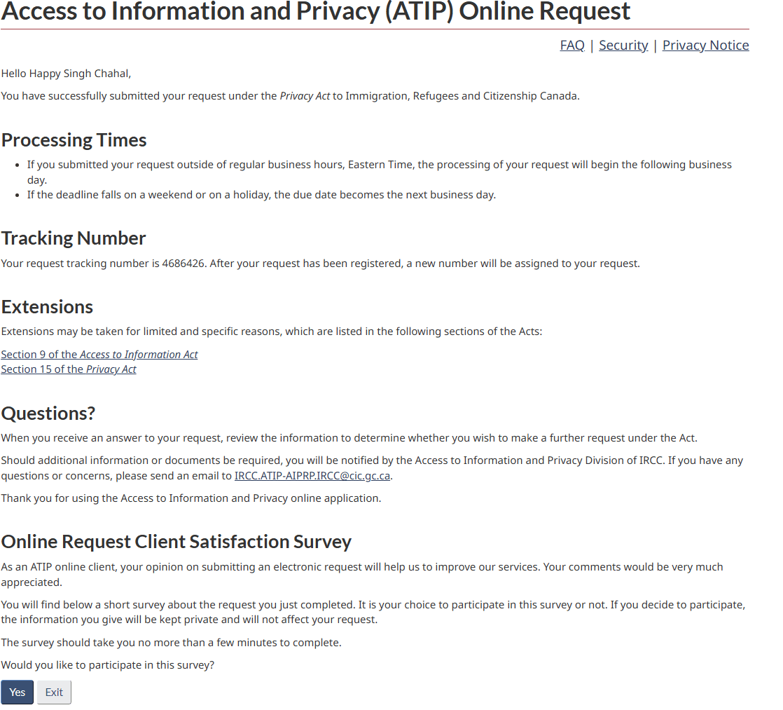 ATIP submission confirmation showing processing times and the request tracking number